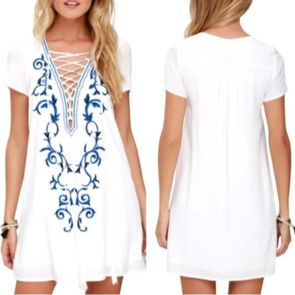 Lulus Down in Kokomo Ivory Embroidered Shift Dress Size Medium